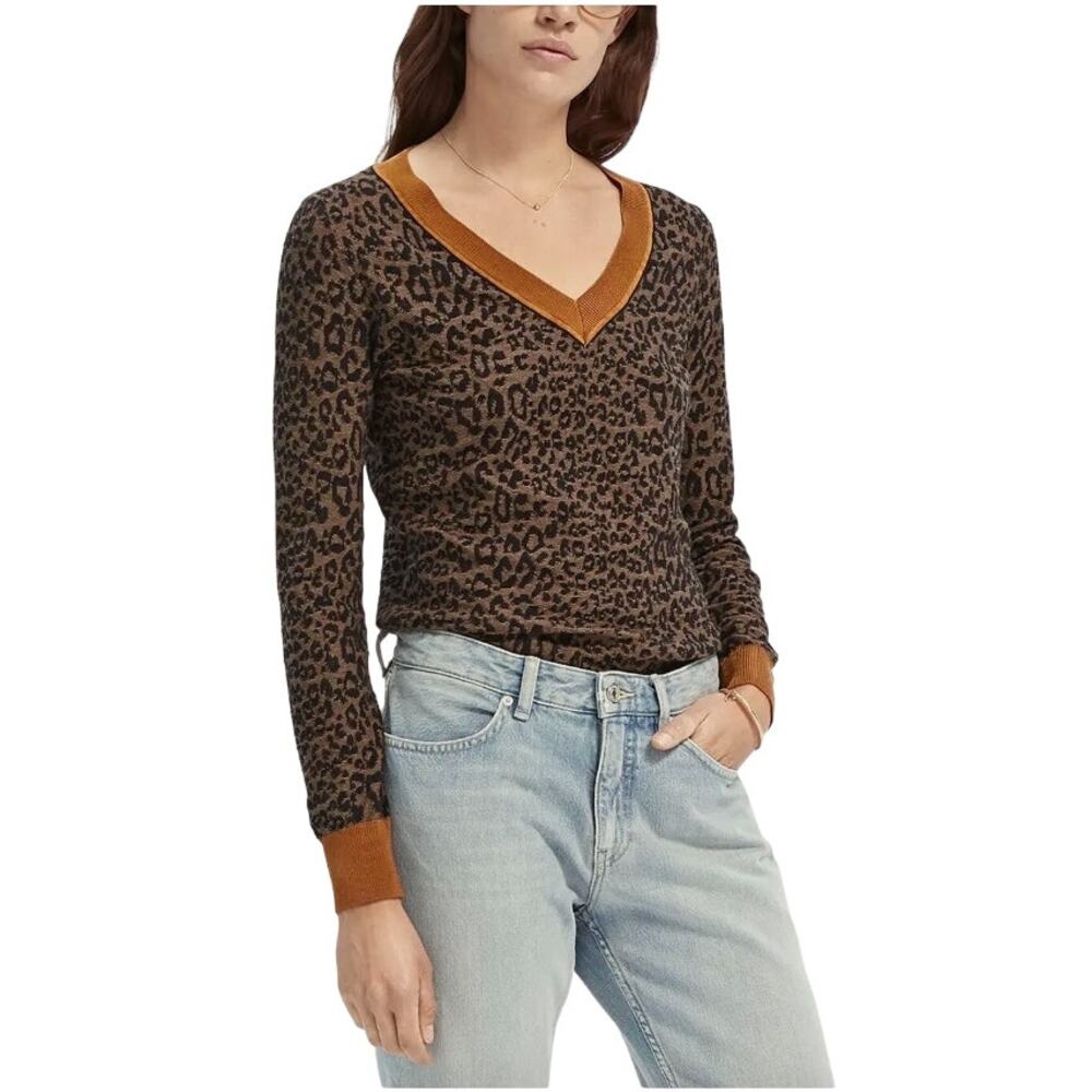 Scotch & Soda Starwatcher Leopard Print V Neck Pullover Sweater Black Brown XS